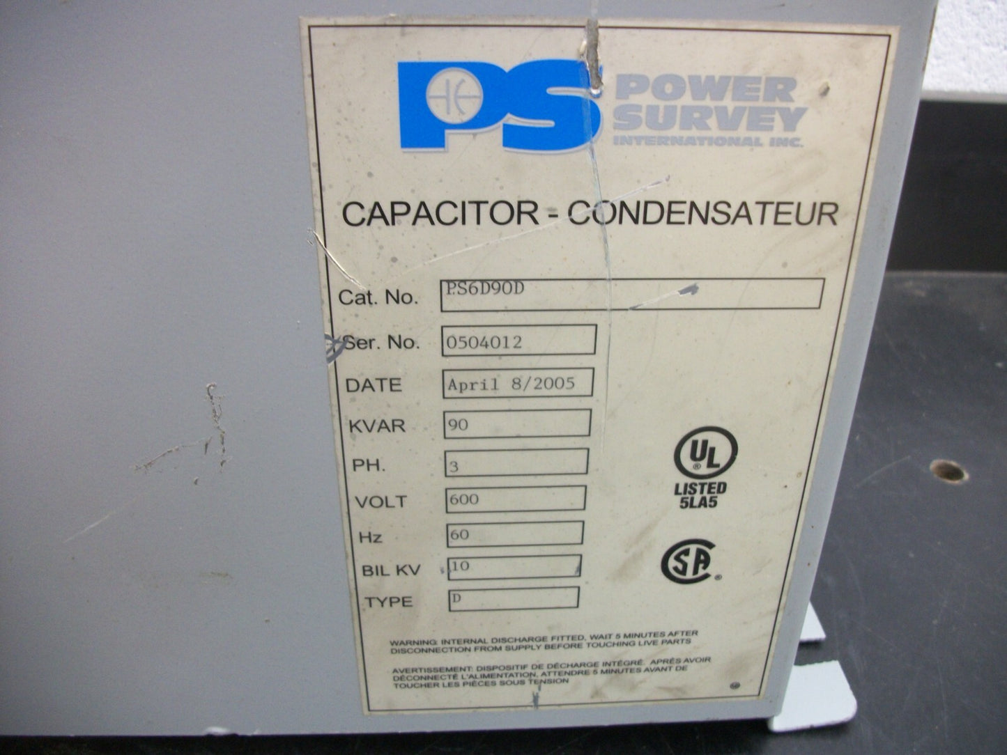 POWER SURVEY CAPACITOR PS6D90D 90KVAR 600VOLT 3PH