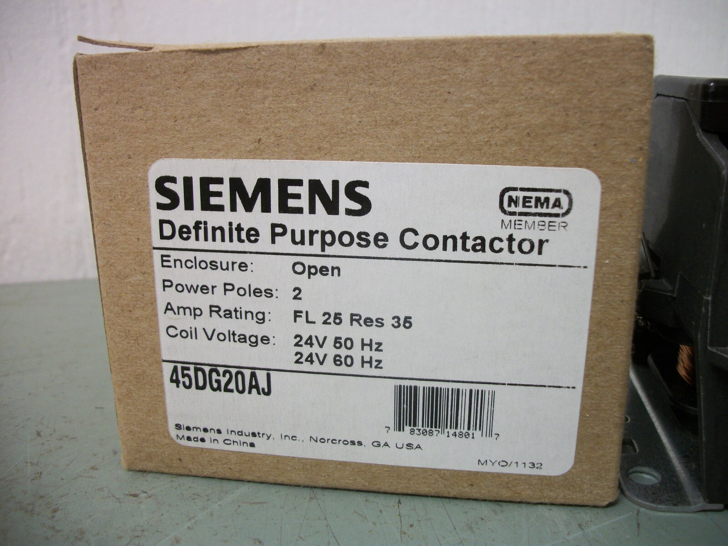 SIEMENS DEFINITE PURPOSE CONTACTOR 45DG20AJ 25AMP 24VCOIL 600VOLT 2POLE NIB