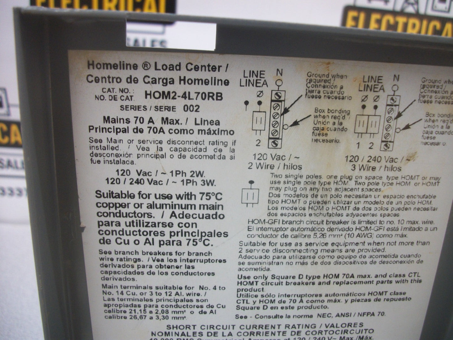 SQUARE D HOMELINE LOAD CENTER TYPE 3R HOM24L70RB 70AMP 240VOLT 1PH