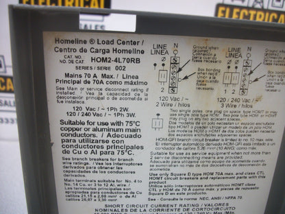 SQUARE D HOMELINE LOAD CENTER TYPE 3R HOM24L70RB 70AMP 240VOLT 1PH