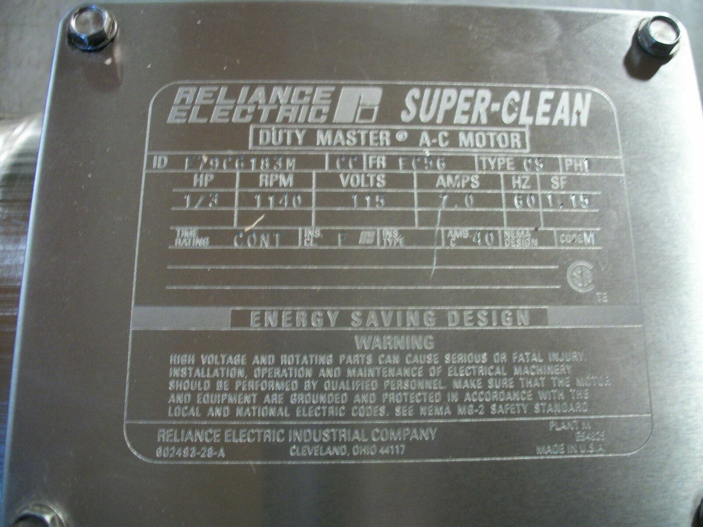 RELIANCE SUPER-CLEAN 1/3HP 1PH SS AC MOTOR FC56 TEFC E79C6183M 115VOLT 1140RPM