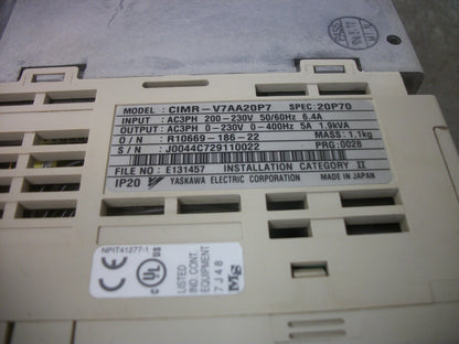 YASKAWA VS MINI V7 0.75KW INVERTER DRIVE CIMR-V7AA20P7 230VOLT 3PH