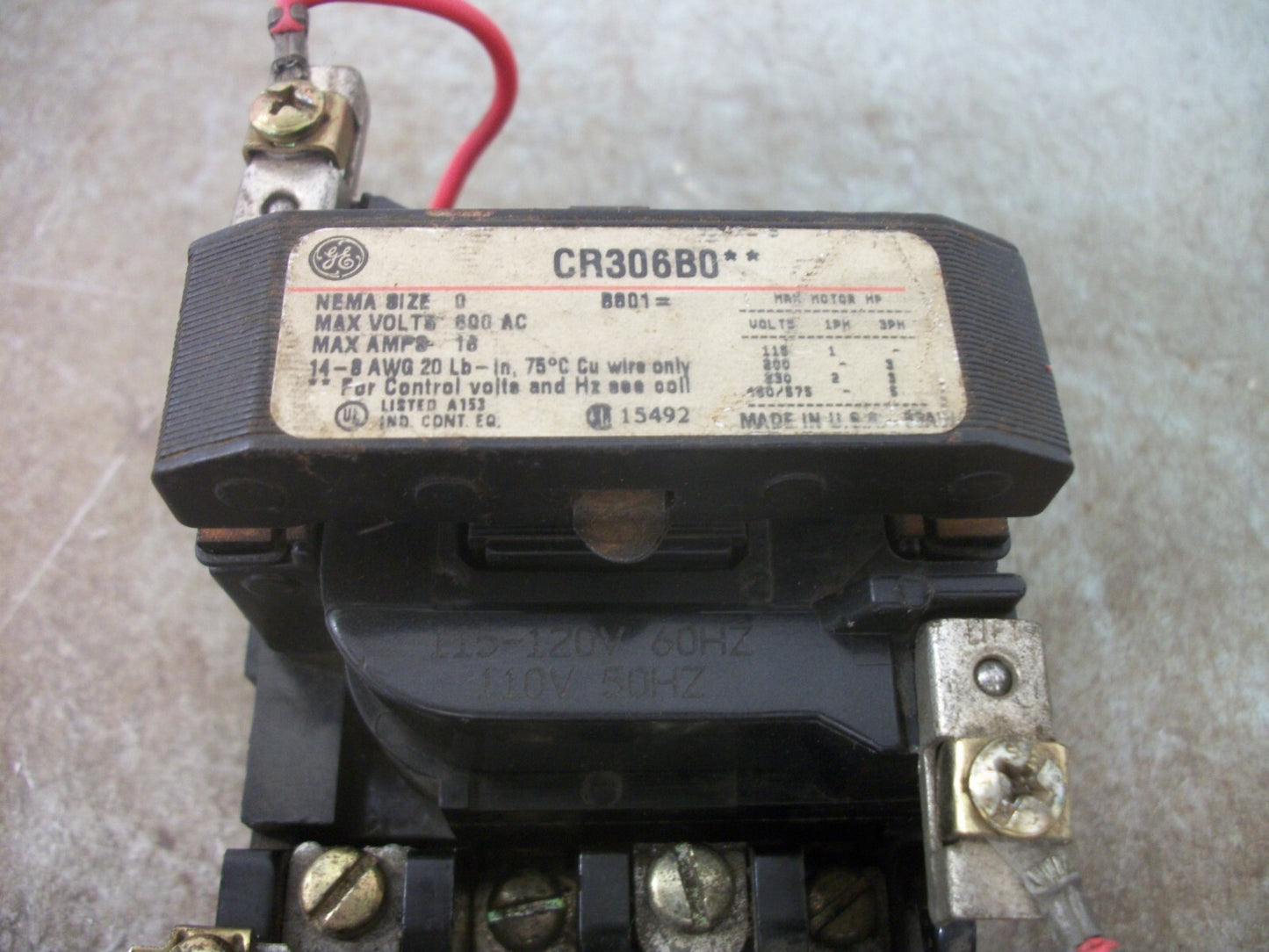 GE SIZE 0 MOTOR STARTER CR306B0** 18AMP 120VCOIL 3PH 600V 5HP NOB