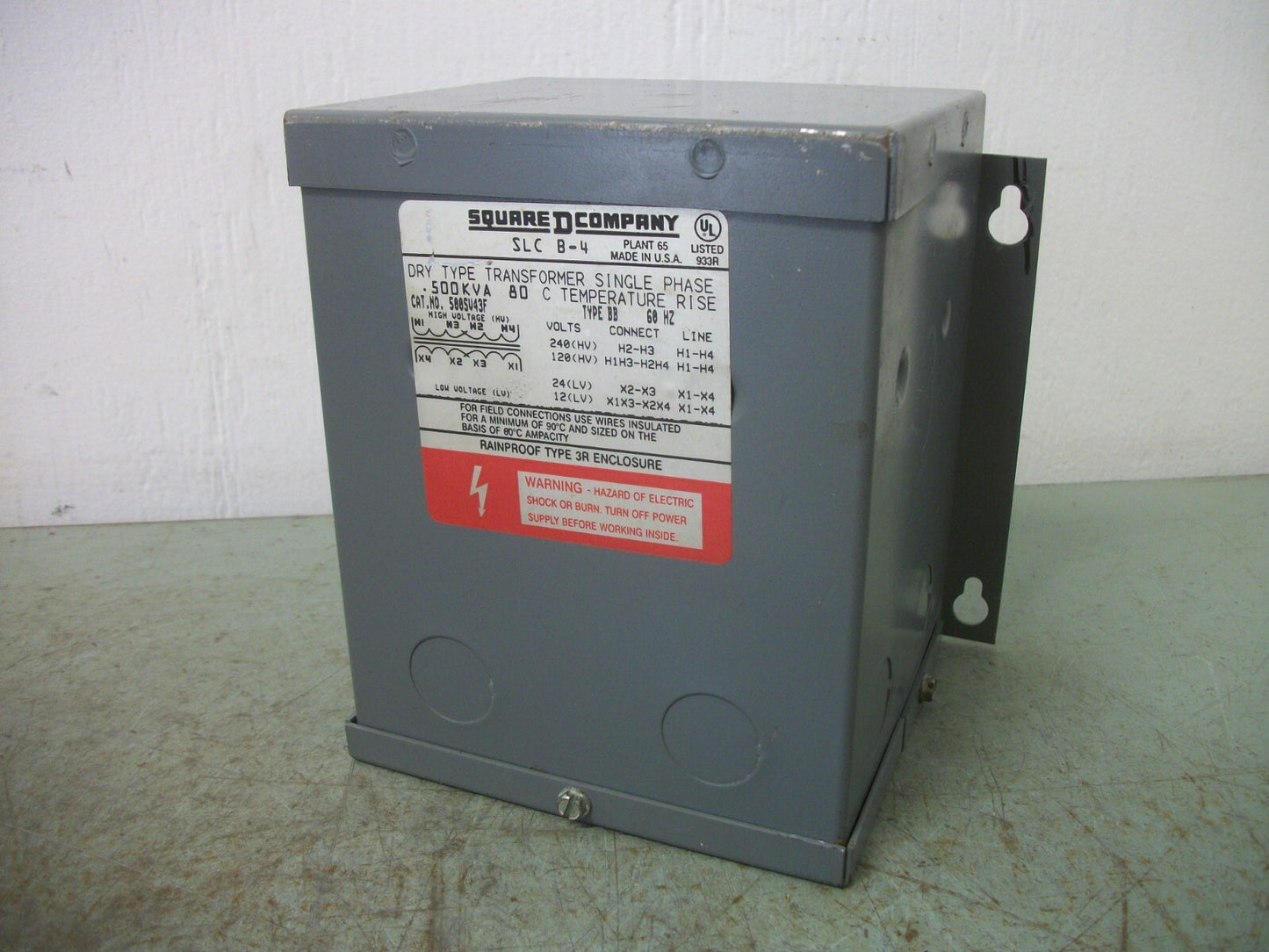 SQUARE D .500KVA 1PH TRANSFORMER 500SV43F HV 120X240 LV 12/24