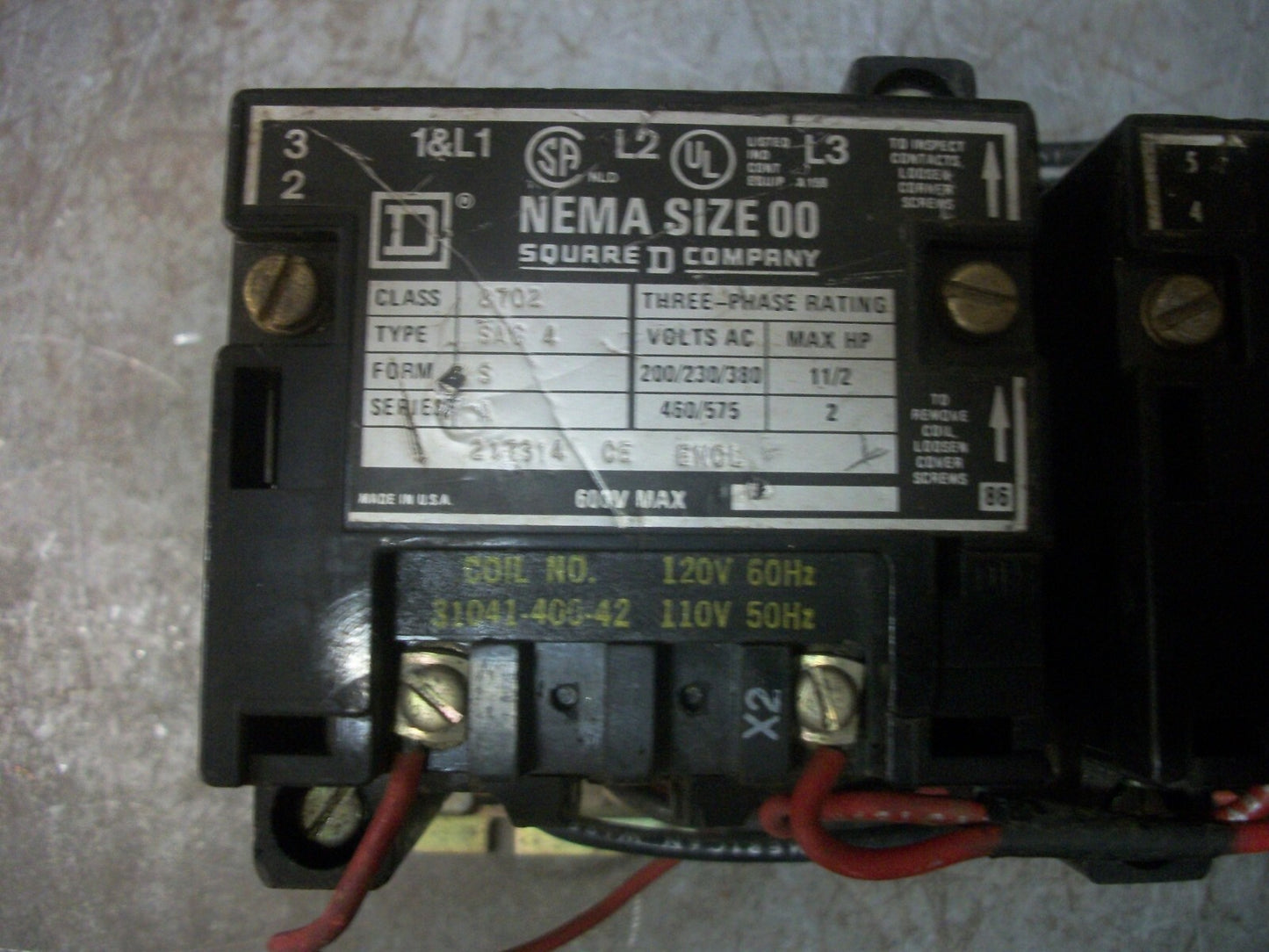 SQUARE D SIZE 00 REV CONTACTOR 8702SAG4 120VCOIL 3PH 600V 2HP