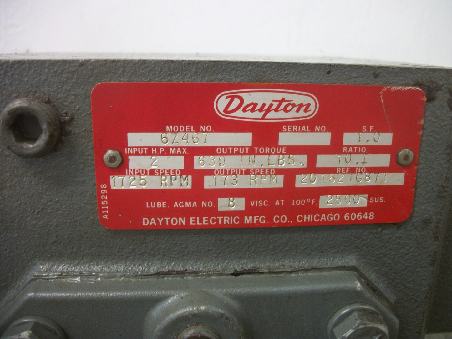 DAYTON 10:1 RATIO GEAR REDUCER 6Z467 1725RPM INPUT 173RPM OUTPUT