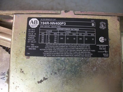 ALLEN-BRADLEY NON-FUSIBLE DISCONNECT SWITCH 194R-NN400P3 400AMP 600VOLT 3POL NOB