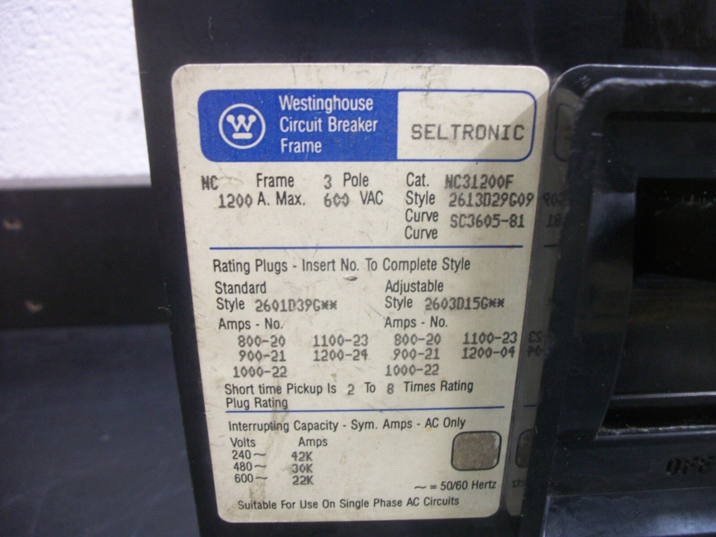 WESTINGHOUSE SELTRONIC NC CIRCUIT BREAKER NC31200F 1200AMP 600VOLT 3POLE W/1000A