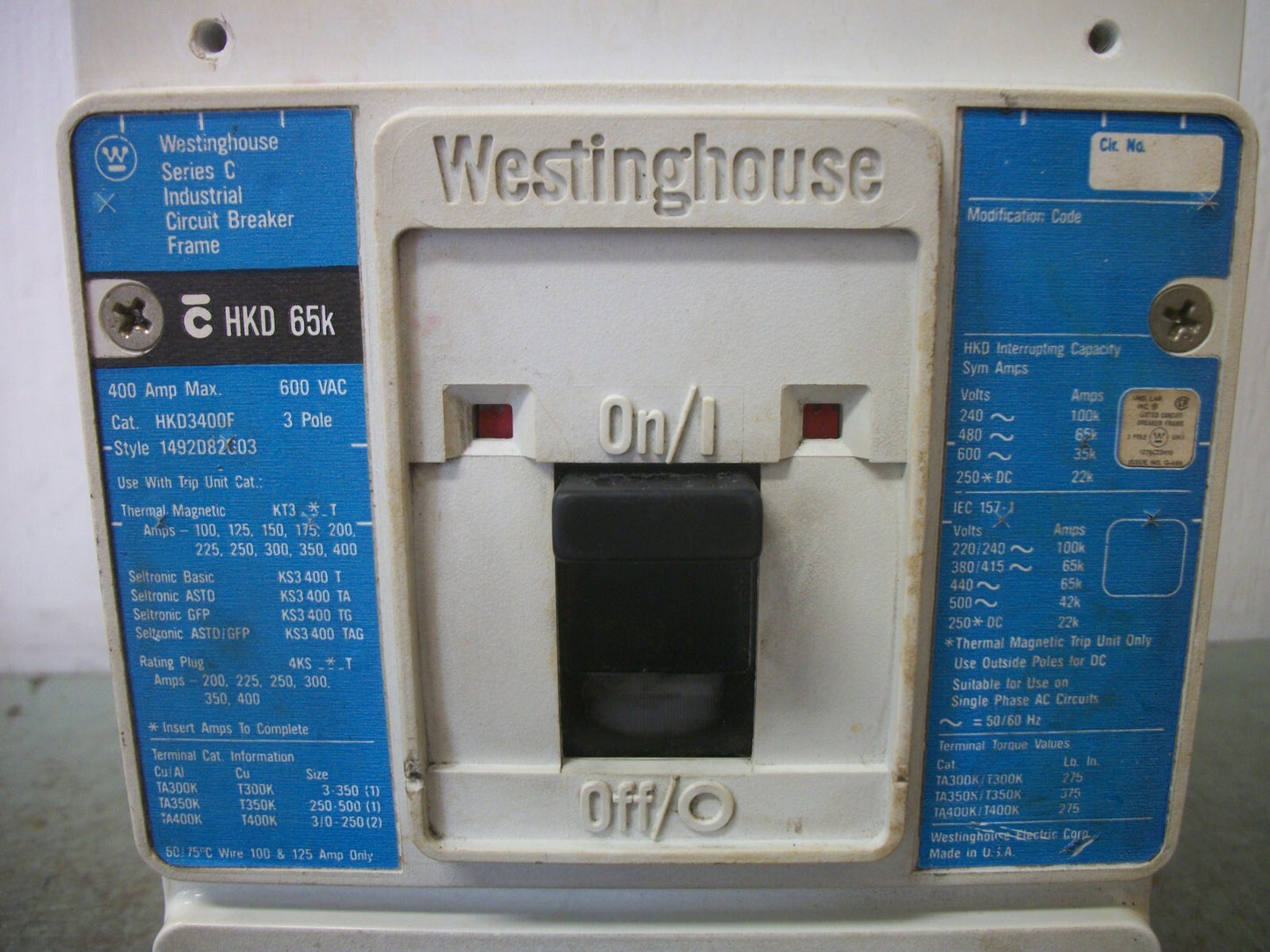 WESTINGHOUSE HKD CIRCUIT BREAKER HKD3400F 400AMP 600VOLT 3POLE W/300A TRIP