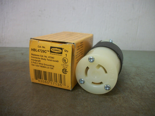 HUBBELL TWIST-LOCK CONNECTOR HBL4729C 10/15AMP 250/125VOLT 2P 3W GRND NIB