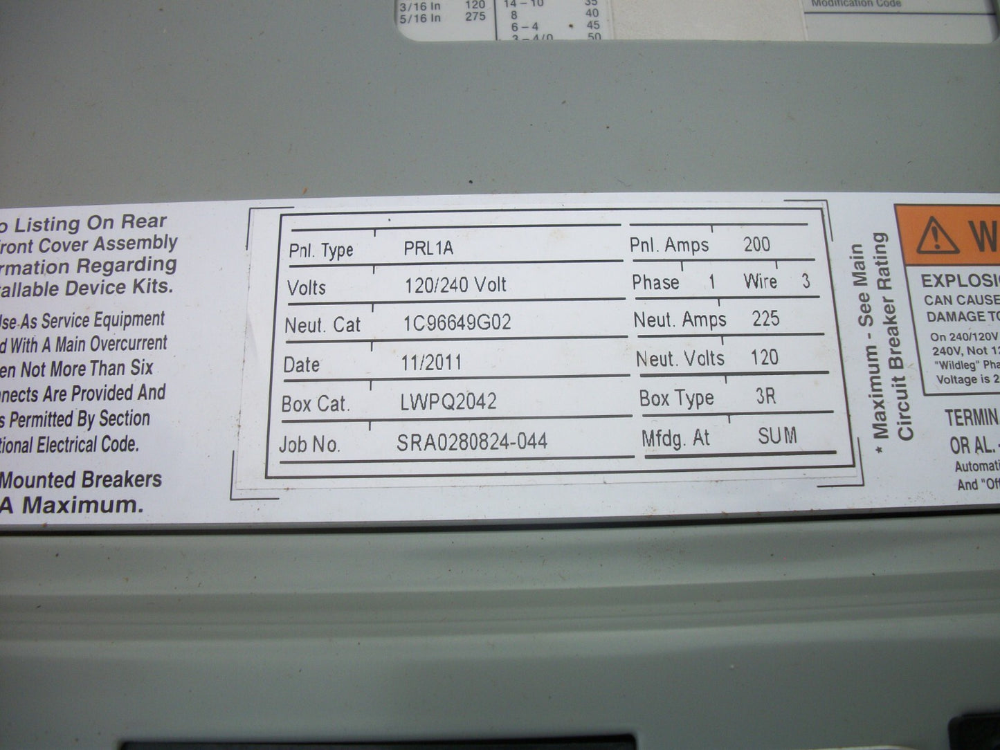 CUTLER-HAMMER PRL1A PANELBOARD W/INTERIOR LWPQ2042 200A 120/240V 1PH 200A MA NEW