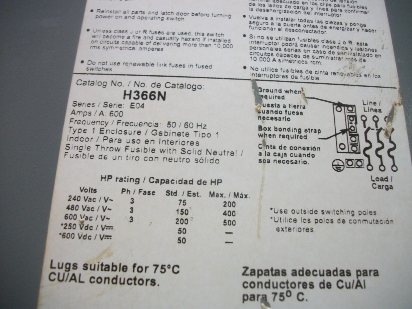 SQUARE D DISCONNECT TYPE 1 H366N 600AMP 600VOLT 3POLE FUSIBLE