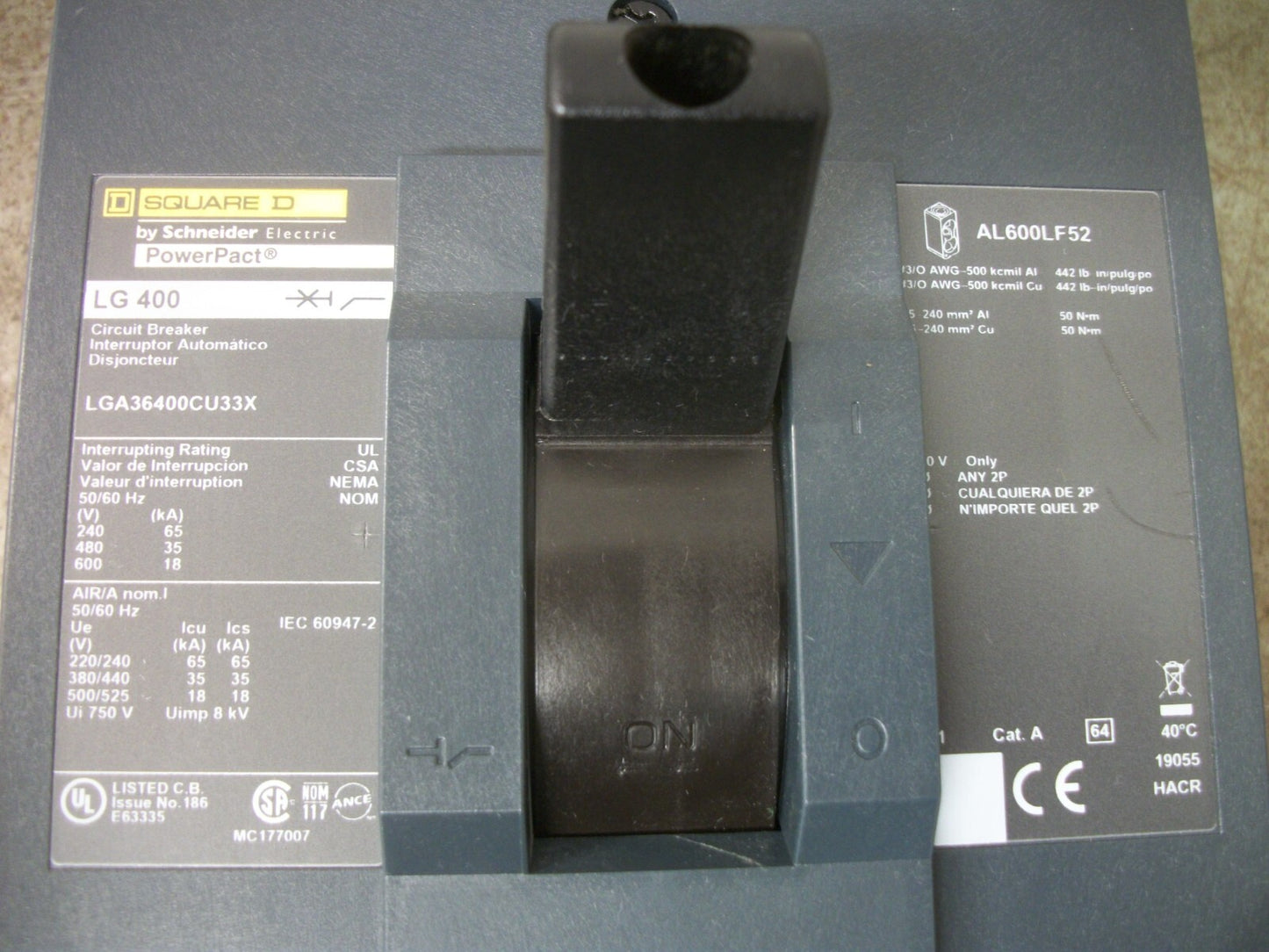 SQUARE D POWERPACT I-LINE LG CIRCUIT BREAKER LGA36400CU33X 400AMP 600VOLT 3POLE