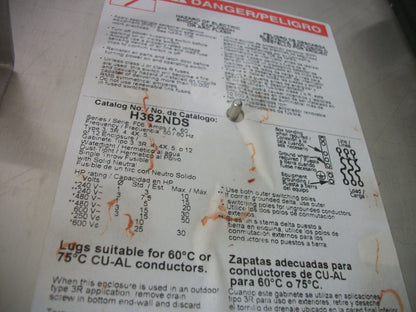 SQUARE D S.S DISCONNECT TYPE 3R,4X,12 H362NDS 60AMP 600VOLT 3POLE FUSIBLE NIB