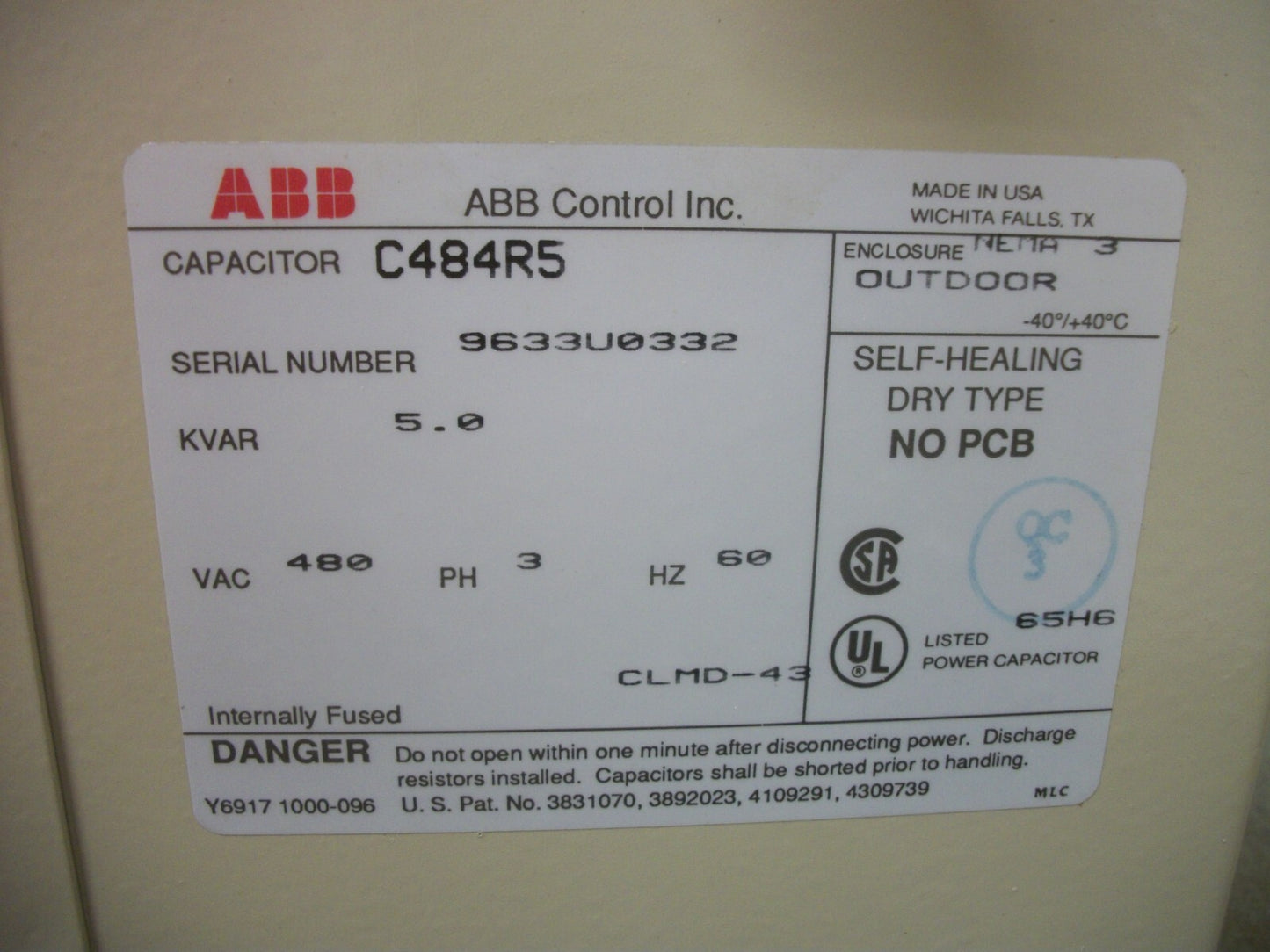 ABB 5KVAR 3PH CAPACITOR TYPE 3R C484R5 480VOLT NIB
