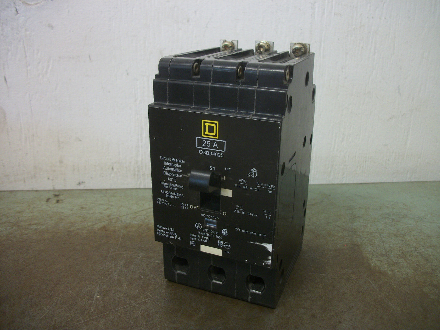 SQUARE D EGB CIRCUIT BREAKER EGB34025 25AMP 480VOLT 3POLE