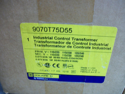 SQUARE D 0.075KVA 1PH TRANSFORMER 9070T75D55 HV 110X240 LV 110/240 NIB