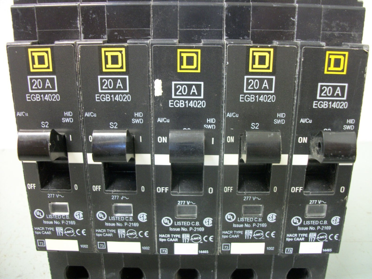 SQUARE D LOT OF 5 EGB CIRCUIT BREAKERS EGB14020 20AMP 277VOLT 1POLE