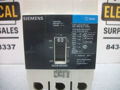 SIEMENS NGB CIRCUIT BREAKER NGB3B060 60AMP 600VOLT 3POLE NOB