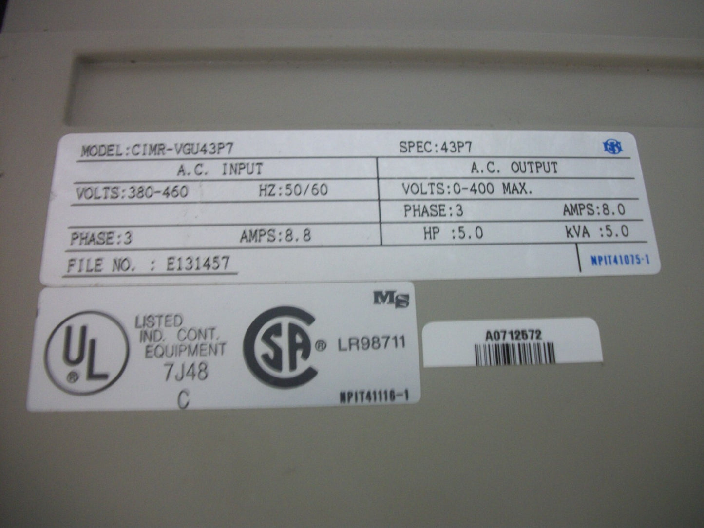 YASKAWA 5HP VARIABLE FREQUENCY DRIVE CIMR-VGU43P7 460VOLT 3PH 5KVA 8AMP