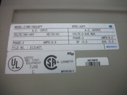 YASKAWA 5HP VARIABLE FREQUENCY DRIVE CIMR-VGU43P7 460VOLT 3PH 5KVA 8AMP